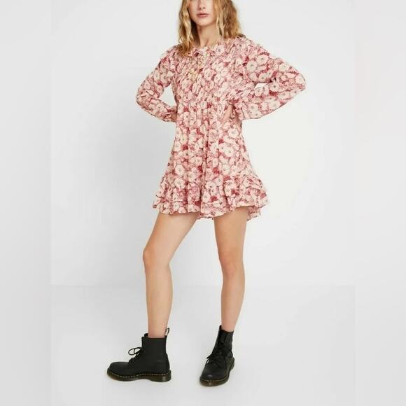 Free People Dresses & Skirts - FREE PEOPLE Mini Babydoll Dress Womens XSmall Floral Pleated Boho Ruffle Pretty